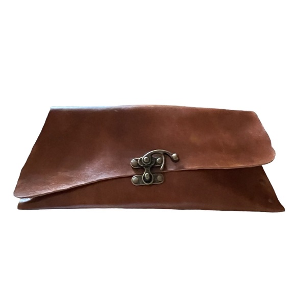 Leather Clutch Brown with Brass Tone Closure Hardware, Suede Interior - Picture 1 of 7